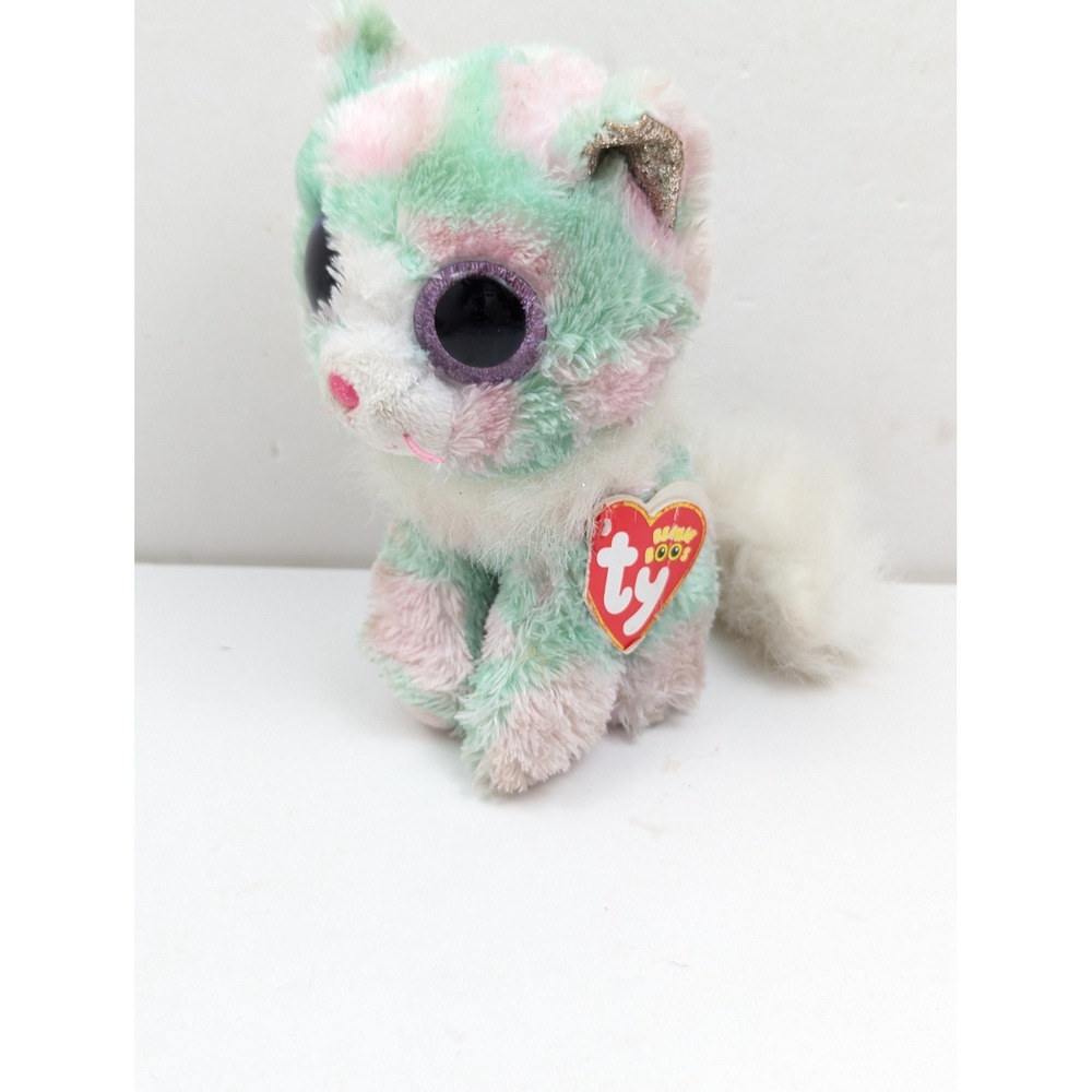 Ty Beanie Boos Opal Cat Plush Pastel Green Pink 6" Big‎ Eyes Stuffed Animal 2021